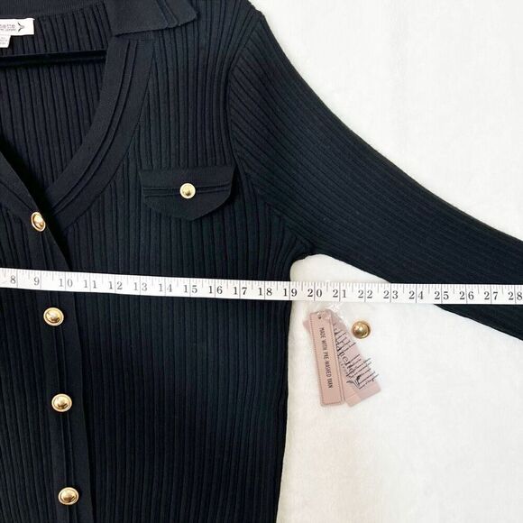 Nanette Lepore Black Ribbed Faux Button Sweater Gold Accent Collared Size XL NWT - Picture 10 of 11